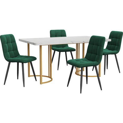 Conjunto de comedor 5 piezas mesa 140x80 cm con 4 sillas de terciopelo blanco y verde (1/5)