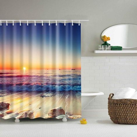 Rideau de Douche imprimé numérique Plage sur Le Lever du Soleil pour décoration de Salle de Bain, Tissu Polyester imperméable avec 12 Crochets, 180 x 180 cm, Multicolore