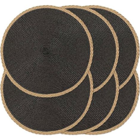 Ecleanfy - Lot de 6 sets de table ronds noirs, tissés à la main, antidérapants, adaptés à l'intérieur et à l'extérieur (1/5)