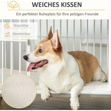 Caisse de voyage pour chien en bois composite et acier, avec coussin intégré, 86x60x70 cm, coloris blanc et gris.