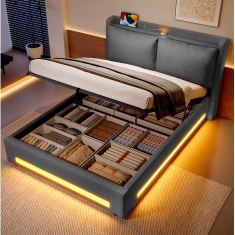 Letto a cassone 140x200 cm con porte USB-Type-C, illuminazione LED ambientale, cuscini rimovibili, senza materasso, grigio scuro (1/5)