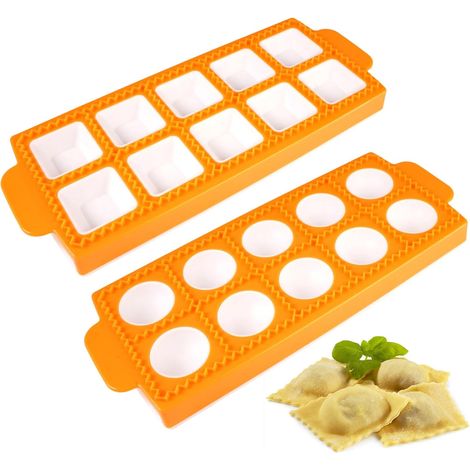 Set di 2 stampi per ravioli, rotondo e quadrato, 26,5 × 10,8 × 2 cm, in plastica, con 10 cavità, riutilizzabile, facile da pulire, per pasta e pressa per impasto (giallo). (1/5)