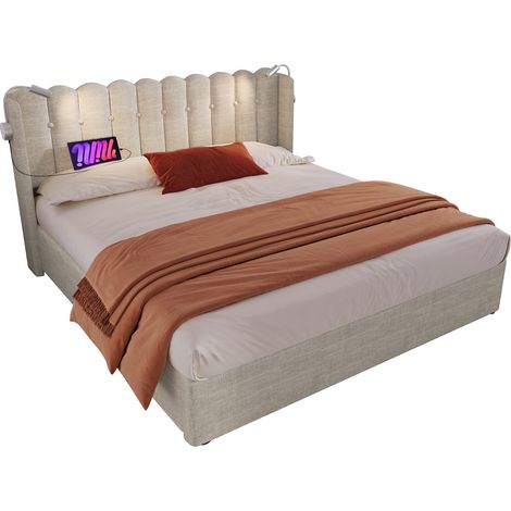 CHICFURN lit coffre double en lin naturel avec tete de lit liseuse et ports USB 160 x 200 (1/5)