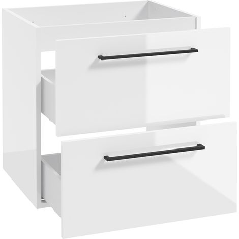Waschtischunterschrank mit Metallgriffen in schwarz, 60 cm breit mit 2 Schubkästen, in weiß Hochglanz lackiert MESSINA-107, B/H/T: ca. 60/60/40 cm (1/5)