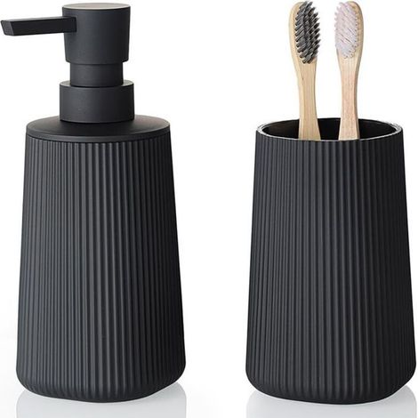 Ensemble distributeur de savon et porte-brosse à dents 2 pièces, rayé noir, pour la salle de bain. (1/5)