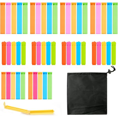 Lot de 50 clips d'étanchéité pour aliments, 7/9/11 cm, en plastique, multicolores, réutilisables, avec sac de rangement, pince de fermeture en plastique pour collations, bonbons (1/5)