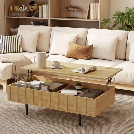 Table basse relevable pour salon avec 2 compartiments dissimulés, pieds en métal, 110 x 55 x 36,5 cm, chêne (1/5)