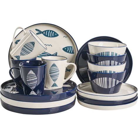 Vajilla de 16 piezas de porcelana hecha a mano con acabado de esmalte reactivo motivo pez blanco y azul Tamarind