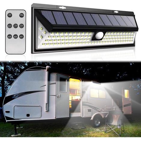 Lampe solaire pour camping-car - Détecteur de mouvement - 118 LED - Avec télécommande - Étanche - Pour les voyages en camping-car, les remorques de voyage