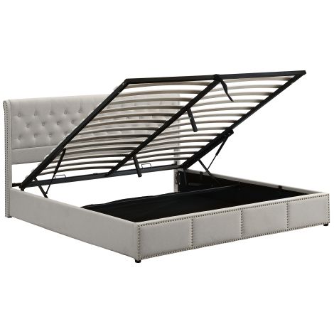 Lit capitonné 140x200 coton lin avec coffre et rivets design (1/5)