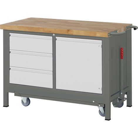 STIER Werkbank Premium, mit abs. Fahrgestell, 3 Schubladen und 1 Tür, 125x70x88cm, Stahl und Buche (1/4)