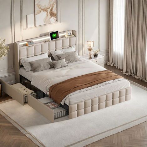 Lit Double capitonné 160x200 cm avec 4 tiroirs et LED intégrée, Lit Rembourré avec rangement, Lit Adulte en lin avec sommier, Beige (1/5)