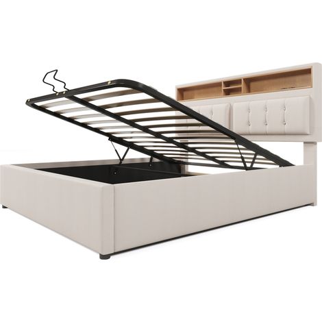 Cama doble tapizada 140x200 de lino con USB-C, enchufes y almacenaje, HOMVRA (1/5)