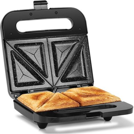 Appareil à sandwichs - Fer à sandwichs - Sans PFAS - Pour 2 sandwichs - Plaque en céramique antiadhésive - 750 W - Noir/Acier inoxydable (1/5)