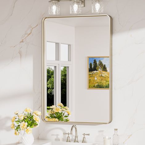 Keonjinn Wandspiegel mit Robust Gehärtetem Glas, 60x90cm Badezimmerspiegel mit Alurahmen, Rechteckiger Badspiegel Vertikal und Horizontal möglich, Gebürstet Nickel