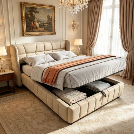 Letto imbottito 140 x 200 cm, testiera, letto con sistema di contenimento pneumatico, struttura letto in lino adatta ad adulti e ragazzi, beige (1/5)