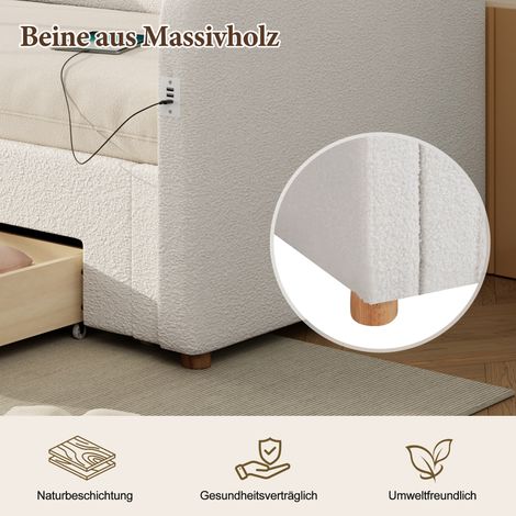 Lit-ban jour 90x200 cm, convertible en 180 cm, avec 2 tiroirs de rangement, canapé-lit en bouclé beige, doté d’un port USB, sommier intégré, idéal pour chambre ou salon. (1/5)