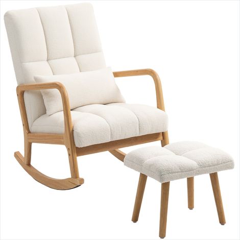 Fauteuil à bascule blanc avec pouf en tissu bouclette 120 kg (1/5)