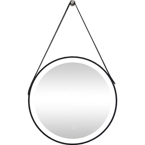 Miroir de salle de bain lumineux anti buée suspendu avec accroche et contour noir - 60 x 60 cm - BORJA