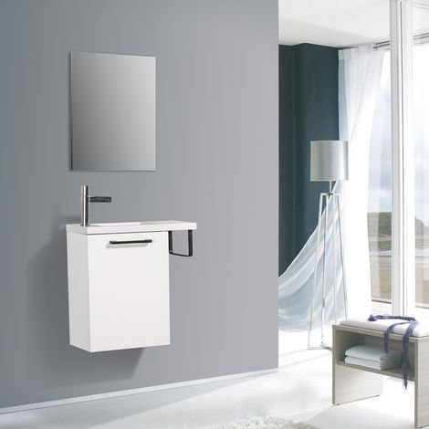 BERNSTEIN - Meuble vasque MDF Blanc mat 55x22x52cm + trou robinet 1 porte charnière flexible porte-serviette Noire - TABLO 400 Blanc mat