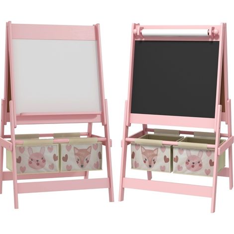 Pizarra infantil 3 en 1 con rollo de papel y cestas de almacenaje rosa 54 x 46,5 x 93 cm MODENUIT (1/5)
