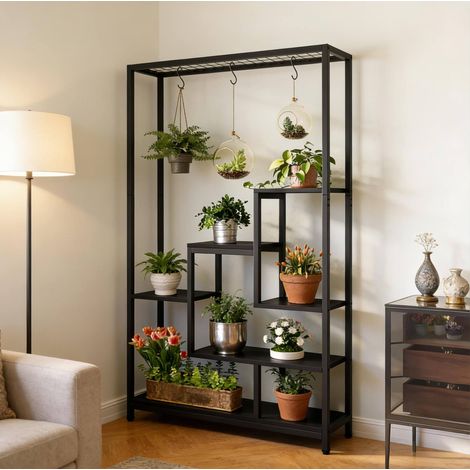 Estantería para plantas negra de metal y madera con 7 baldas, 5 niveles y ganchos (1/5)