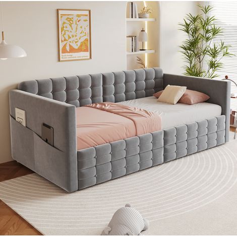 Cama sofá 90x190 cm en terciopelo gris con 2 cajones y bolsillos laterales (1/5)