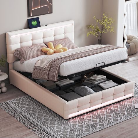 Letto contenitore adulto 140x200 cm con 2 porte USB, struttura e testiera regolabili in altezza, in lino, beige, senza materasso (1/5)