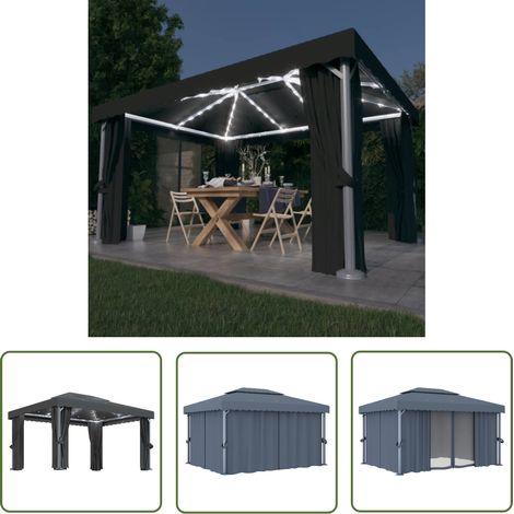 The Living Store Tonnelle avec rideau et guirlande lumineuse LED 4x3m Anthracite - Tonnelle - Abri Jardin - Pergola - Auvent - Structure Extérieure (1/5)