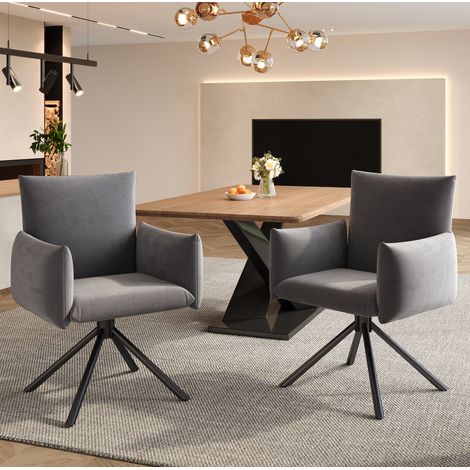 Silla giratoria de terciopelo gris con reposabrazos acolchados, 4 patas de metal, set de 2, 360°, 150 kg,60×60×88cm (1/5)