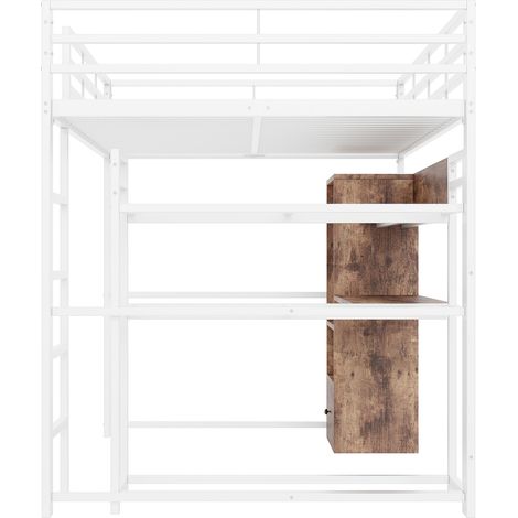 Lit mezzanine 140 x 200 cm en métal et MDF blanc avec LED, bureau, 1 tiroir, étagères et échelle (1/5)