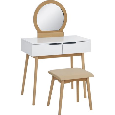 Coiffeuse chambre 80 x 40 x 125 cm miroir rond plateau 2 tiroirs avec tabouret rembourré scandinave épuré en MDF blanc (1/4)