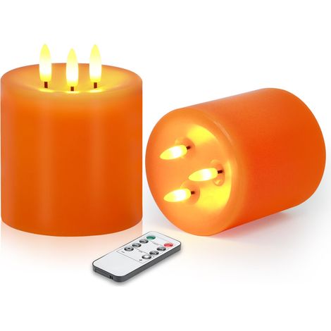 Grand ensemble de 2 bougies sans flamme à 3 mèches, bougies LED vacillantes de 4"x4" avec télécommande et minuterie, bougies en cire réelle réglables, fonctionnant sur batterie, bougies orange pour dé (1/5)