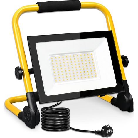 Projecteur de chantier LED 100 W 3000 K blanc chaud avec prise et support pliable IP66 étanche pour réparation automobile, garage, chantier, atelier (1/5)