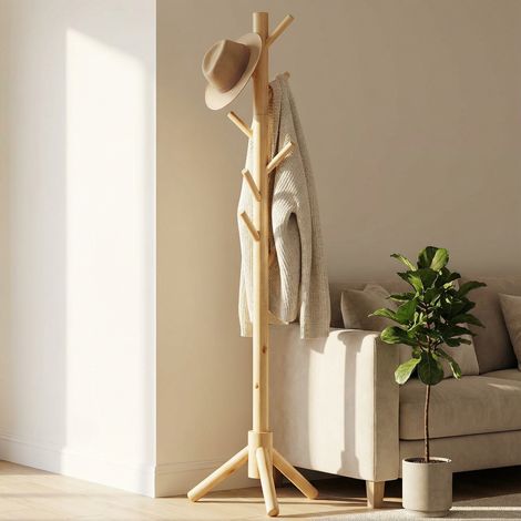 Porte-manteau autoportant robuste, naturel, 3 sections réglables et 8 crochets, portant en bois pour vêtements et chapeaux