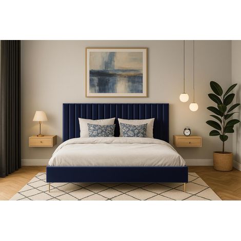 Sofello Polsterbett nach Maß LEYLA schwarze oder goldene Beine Steppung - Bett aus Velour aus Samt mit Holz-Lattenrost 200x200 cm (1/5)