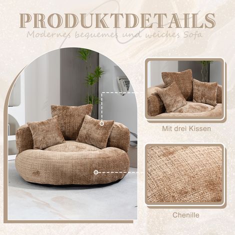 Canapé gonflable robuste, fauteuil relaxant à haut dossier, pouf avec 3 coussins pour adulte et enfant, intérieur/extérieur, chaise gaming simple pour salon ou bureau (couleur café, tissu chenille)