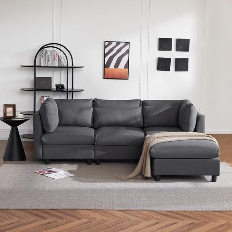 Ecksofa mit Hocker 220cm Grau 3-Sitzer L-Form Couch mit Kissen (1/5)