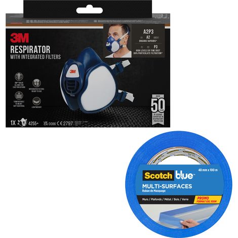 Pack 3M™ & ScotchBlue™ : Demi-masque respiratoire réutilisable A2P3 4255+ et Ruban de masquage multi-surfaces intérieur extérieur (1/2)