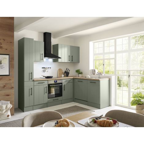 L Küche Einbau Winkelküche Landhaus Grün Anton 250 cm ohne Kühlschrank Respekta