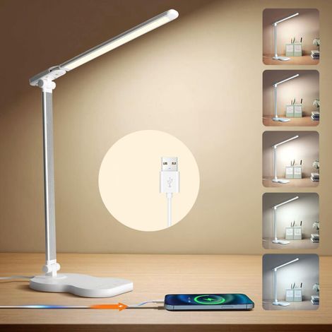 LED desk lamp with 5 colors and 10 brightness levels, desk lamp, reading lamp with 45-minute timer, white