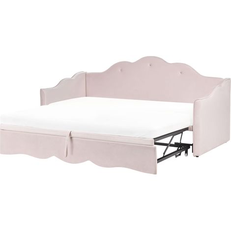Trundle Bed Frame Pastel Pink Velvet EU Single Size 3ft 90/180 x 200 cm Slatted Frame Tufted LORETTE (1/5)
