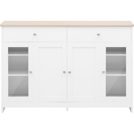 Credenza buffet in MDF bianco e legno con 4 ante in vetro e 2 cassetti HOMVRA (1/5)