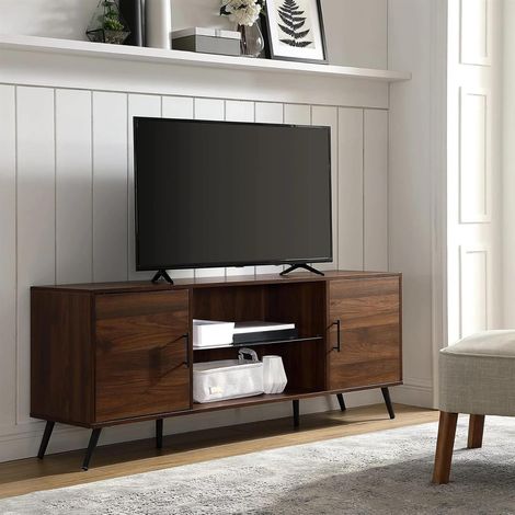 Centurion Supports PORTOBELLO Luxury Walnut Dual Compartment Storage 6-Shelf up to 65" Flat Screen TV Cabinet (1/5)