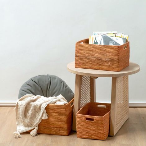 Panier de Rangement en Rotin Marron Tressé à la Main - Panier pour Étagère et Journaux - PANGIVO (1/4)