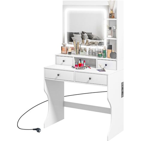 Coiffeuse de maquillage avec éclairage LED à 3 intensités et miroir, prises USB, 4 tiroirs et étagères, 90 x 45 x 160 cm, blanc