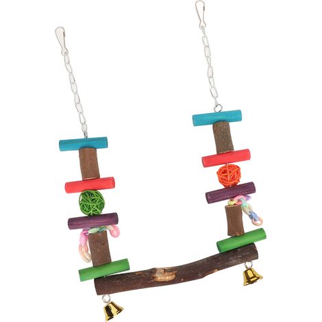 Balançoire pour perroquet en bois naturel avec boule de rotin colorée, jouet pour oiseaux (1/5)