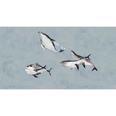 Papier peint panoramique animaux marins Tapisserie panoramique à motif pour bureau Papier peint panoramique bleu gris pour salle de bain (1/2)