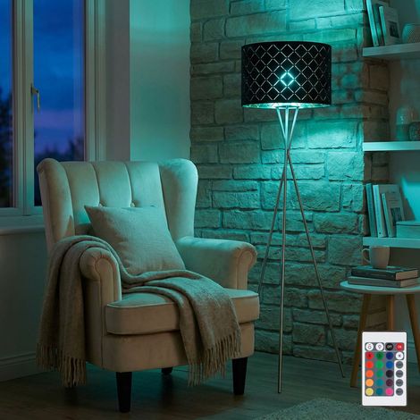 Lampada da terra con paralume in tessuto luce laterale oro nero Treppiede a 3 gambe con telecomando, dimmerabile, nichel opaco, 1x LED RGB 8,5W 806Lm bianco caldo, DxH 62x158 cm (1/5)