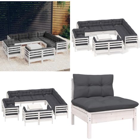 12-tlg. Garten-Lounge-Set mit Kissen Weiß Massivholz Kiefer - Gartenmöbel - Lounge Set - Outdoor Möbel - Kiefernholz - Rattan Gartenmöbel - Home & Living (1/5)